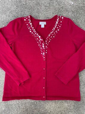 Y2K Christopher & Banks Red Studded Cardigan Silver Star Sweater M Memorial Day